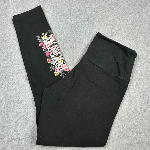 PINK Victoria's Secret Pants - PINK Victoria's Secret Black Floral Logo High Waisted Leggings Large